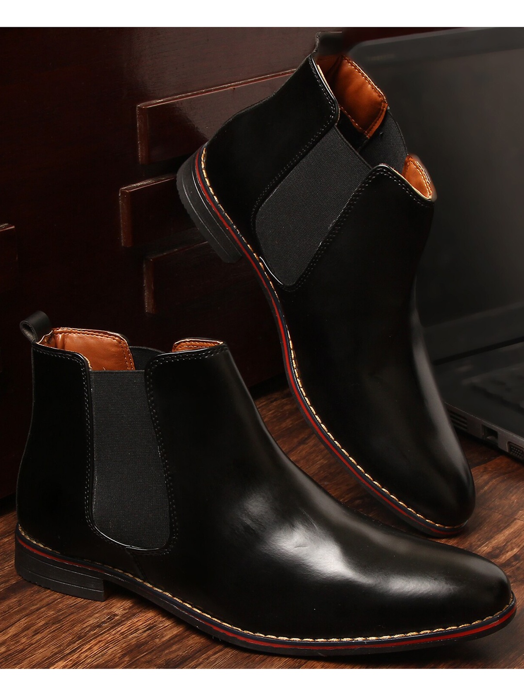 

MUTAQINOTI Men Black Solid Mid Top Chelsea Boots