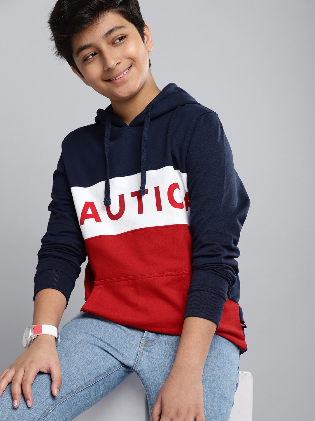 

Nautica Boys Navy Blue & Red Colourblocked Pure Cotton Hooded Sweatshirt