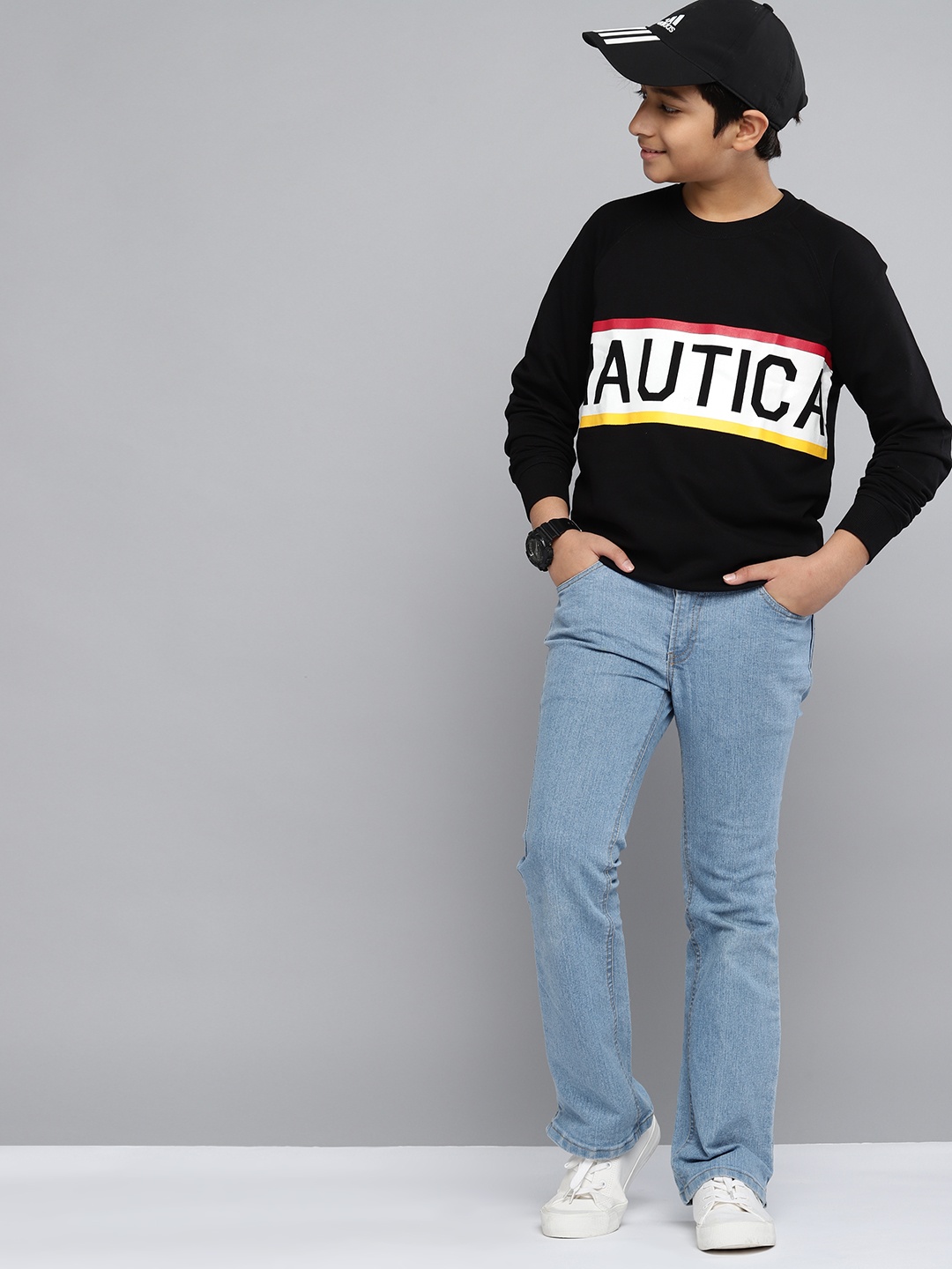 

Nautica Boys Black & White Pure Cotton Brand Logo Printed Sweatshirt