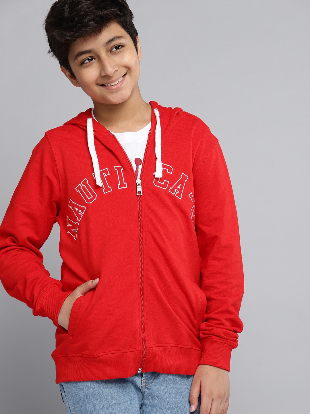 

Nautica Boys Red Pure Cotton Brand Logo Printed Hooded Sweatshirt