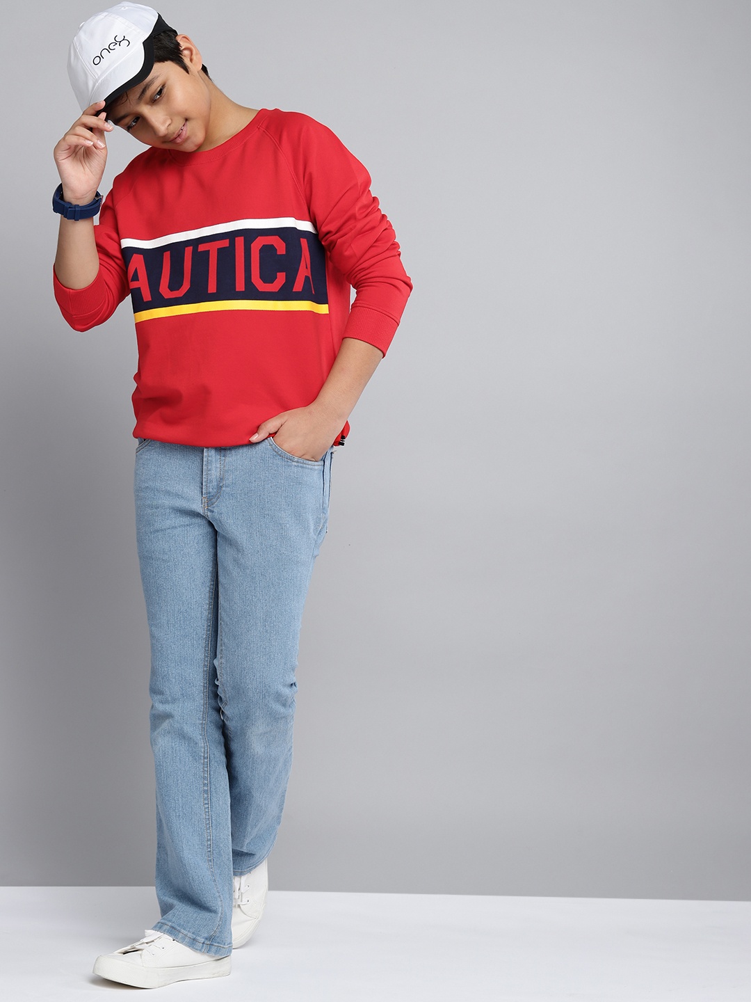 

Nautica Boys Red & Navy Blue Brand Logo Printed Cotton Sweatshirt