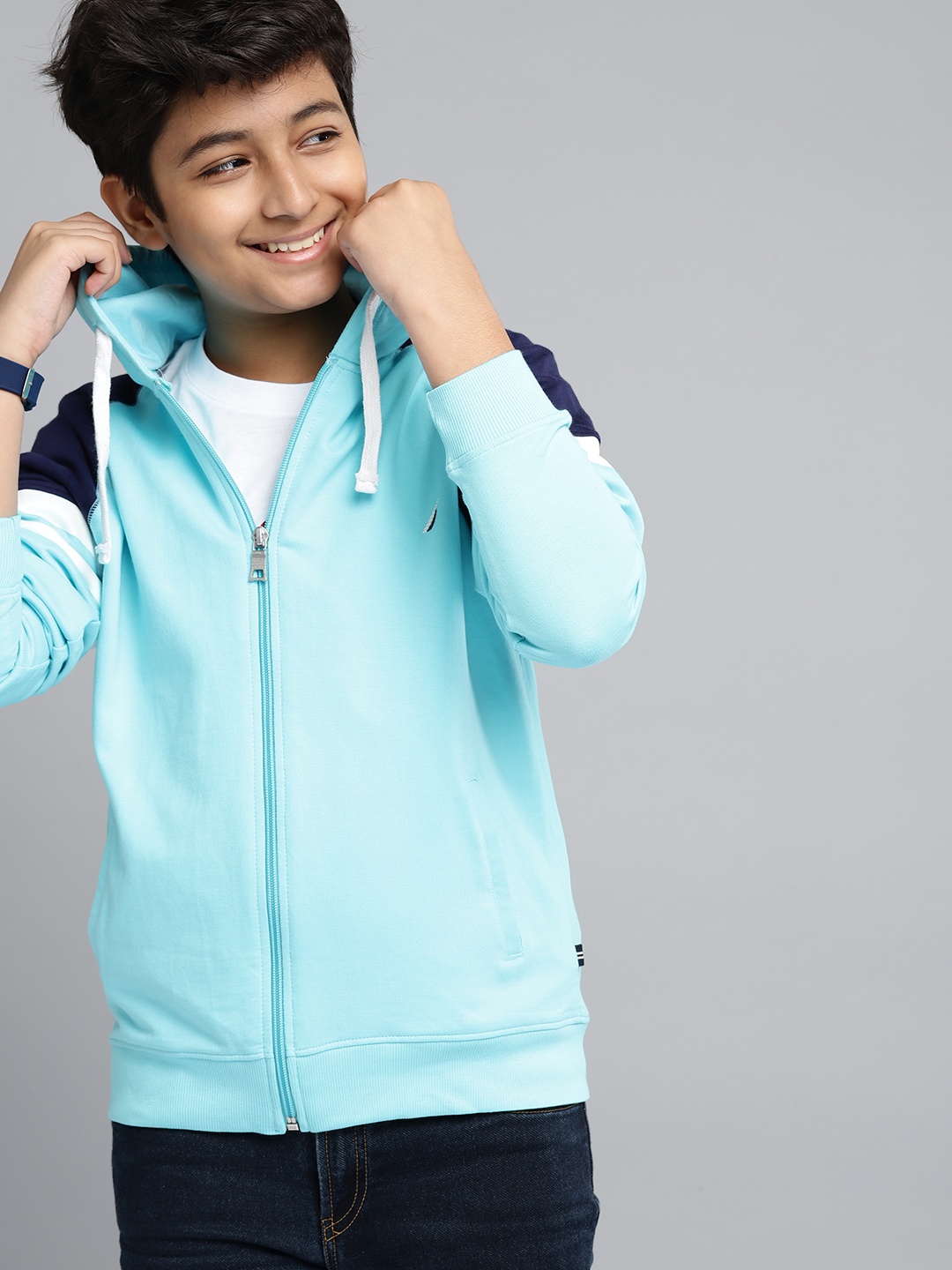 

Nautica Boys Blue Pure Cotton Colourblocked Hooded Sweatshirt