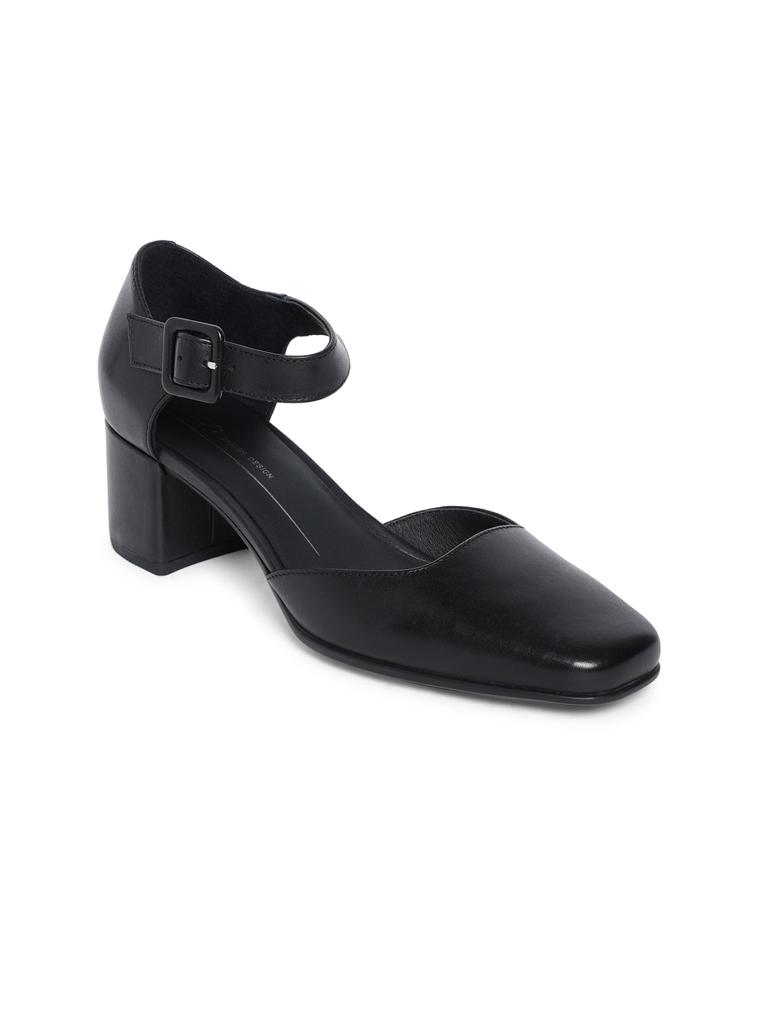 

ECCO Black Solid Casual Contemporary Leather Block Pumps with Buckles