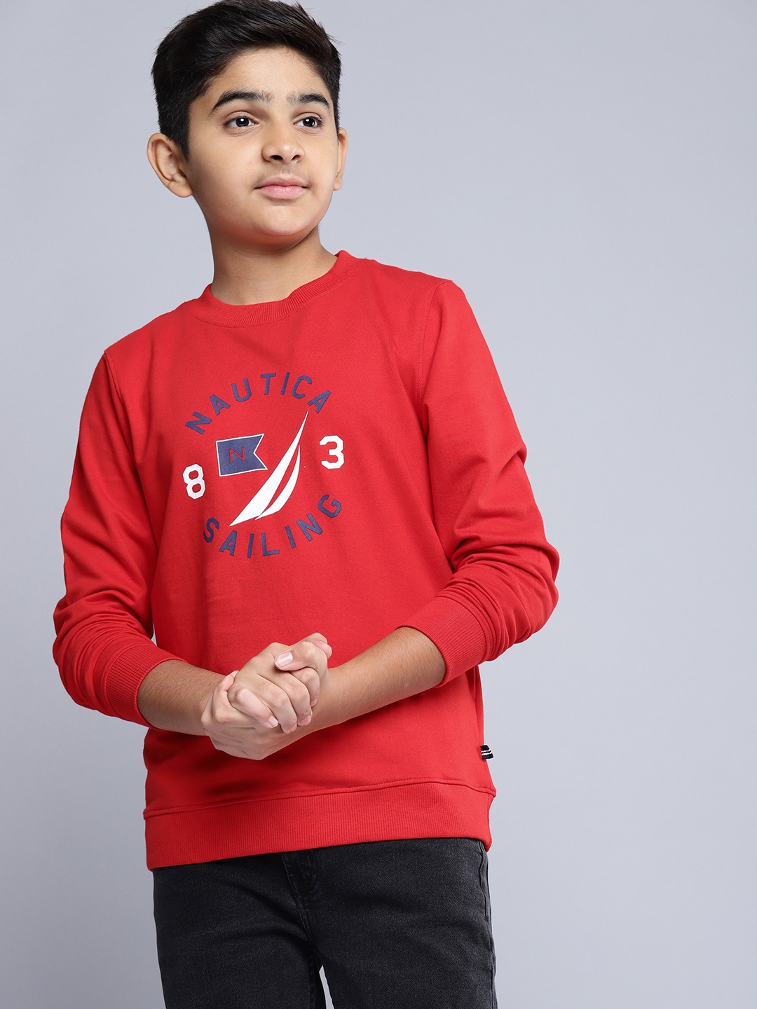 

Nautica Boys Red & Navy Blue Brand Logo Printed Cotton Pullover