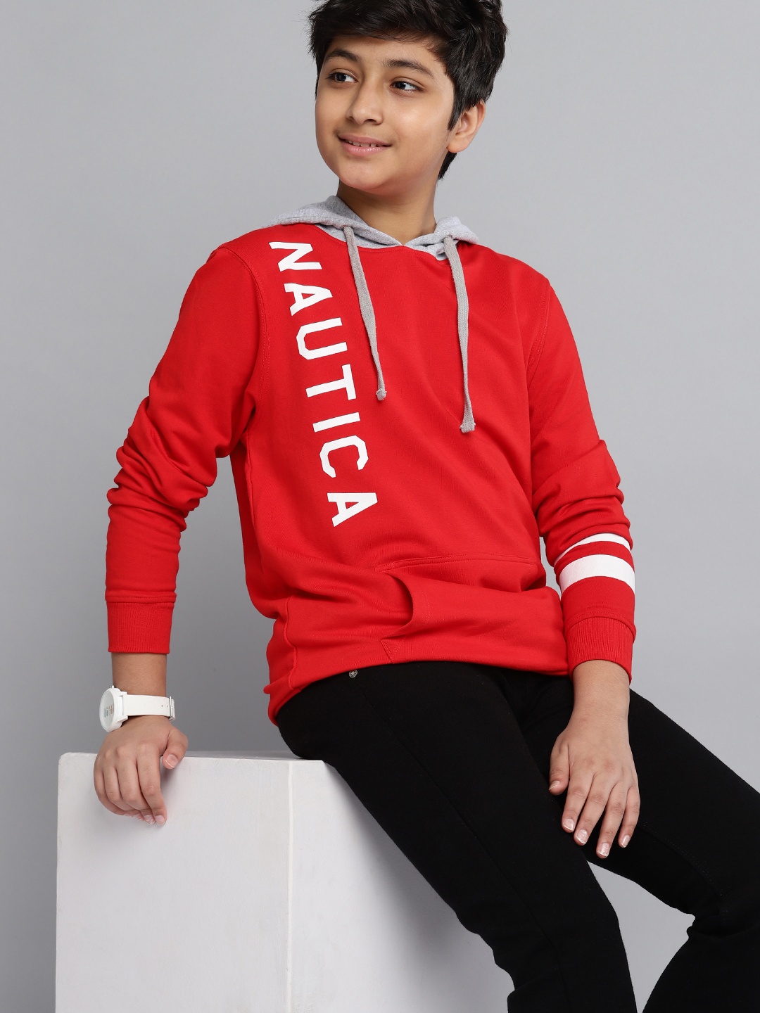 Nautica Boys Red & Grey Pure Cotton Brand Logo Printed Hooded Sweatshirt