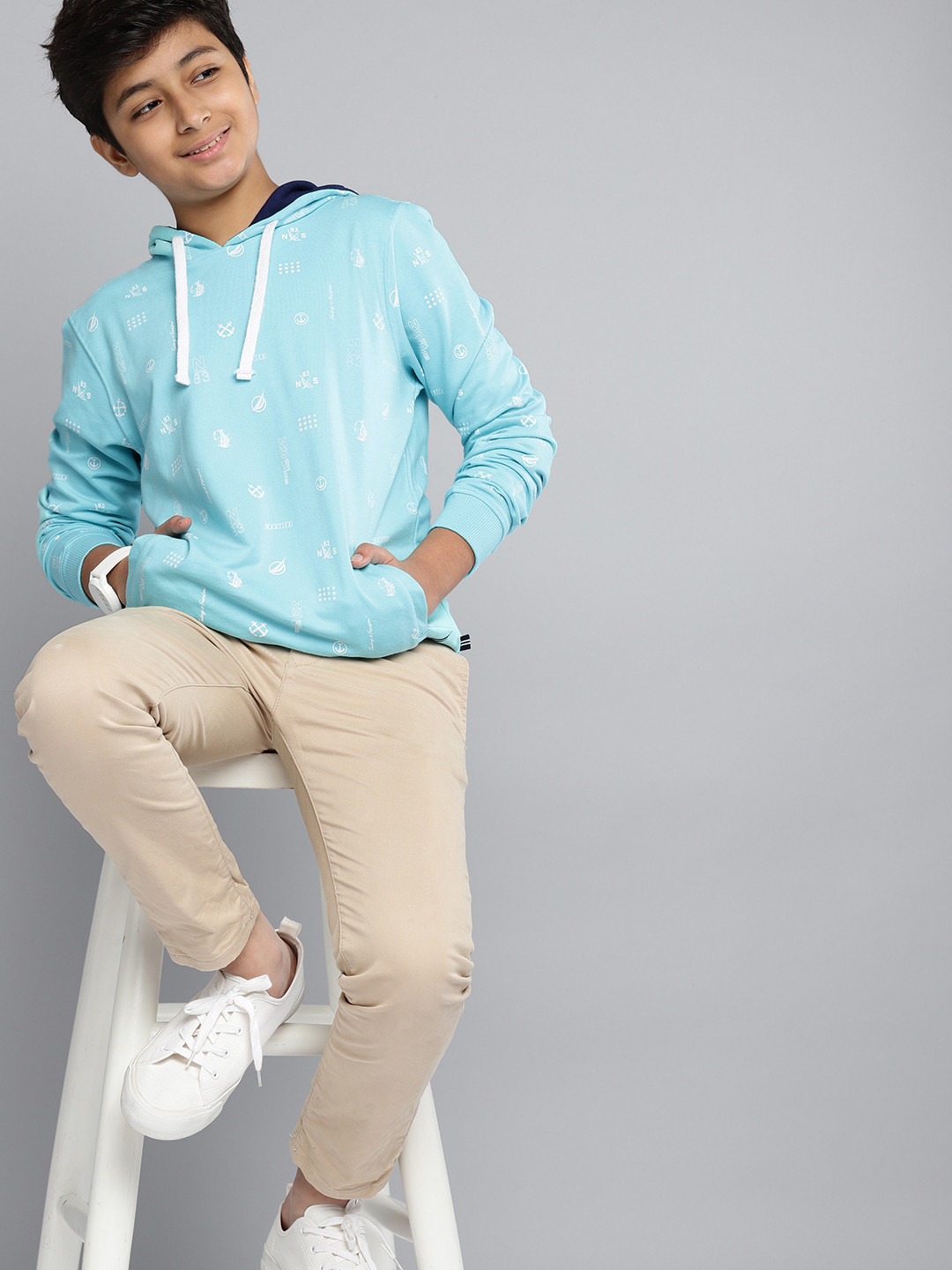 

Nautica Boys Blue & White Printed Hooded Pure Cotton Sweatshirt