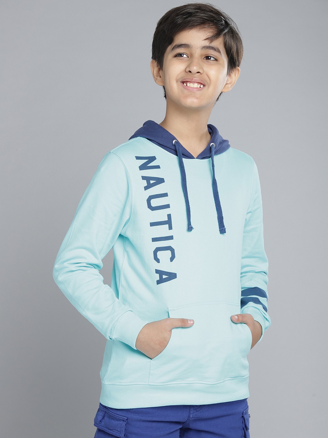 

Nautica Boys Blue Pure Cotton Brand Logo Printed Hooded Sweatshirt
