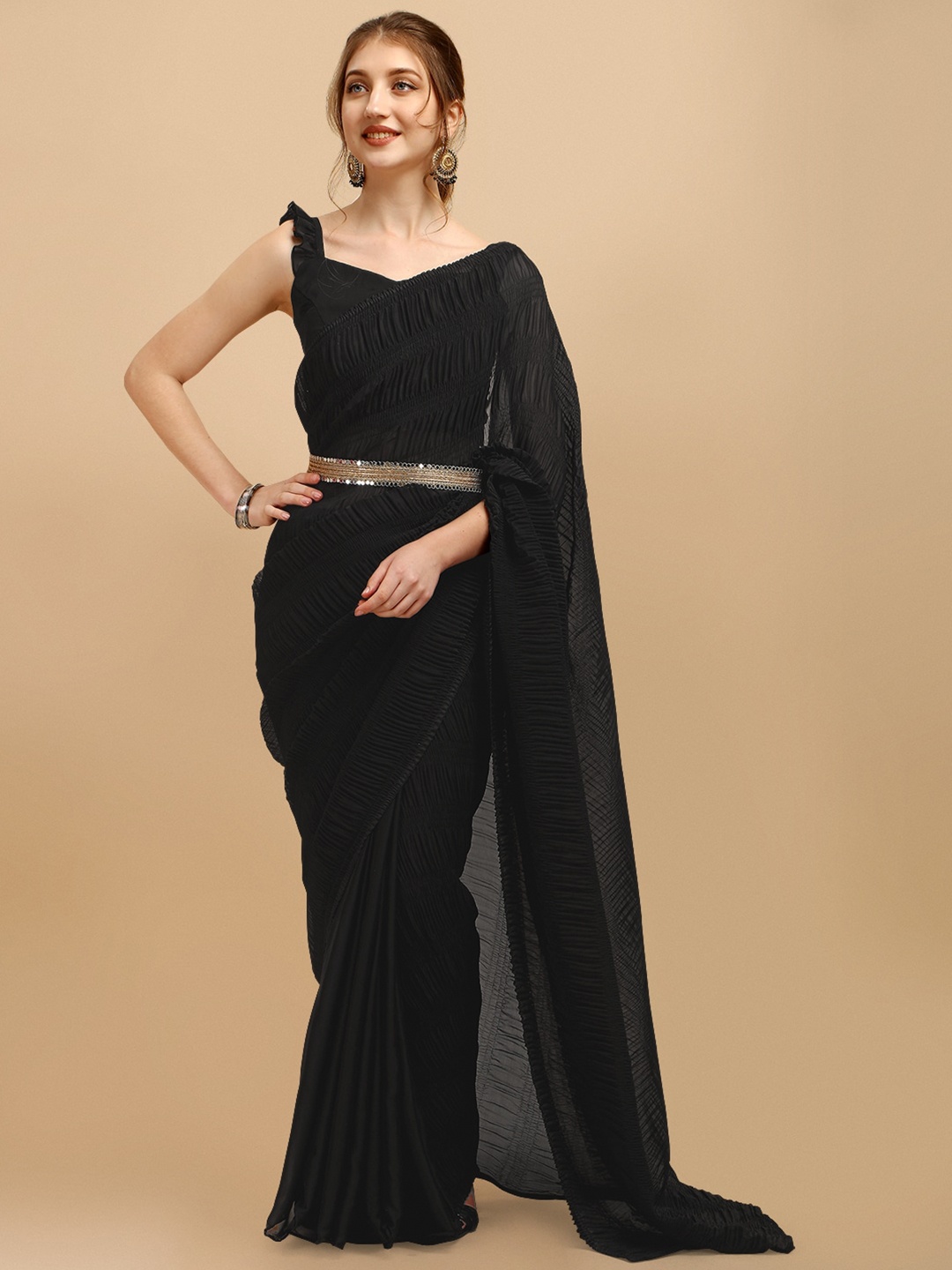 

Sangria Black Solid Ruffled Silk Blend Saree With Embellished Belt