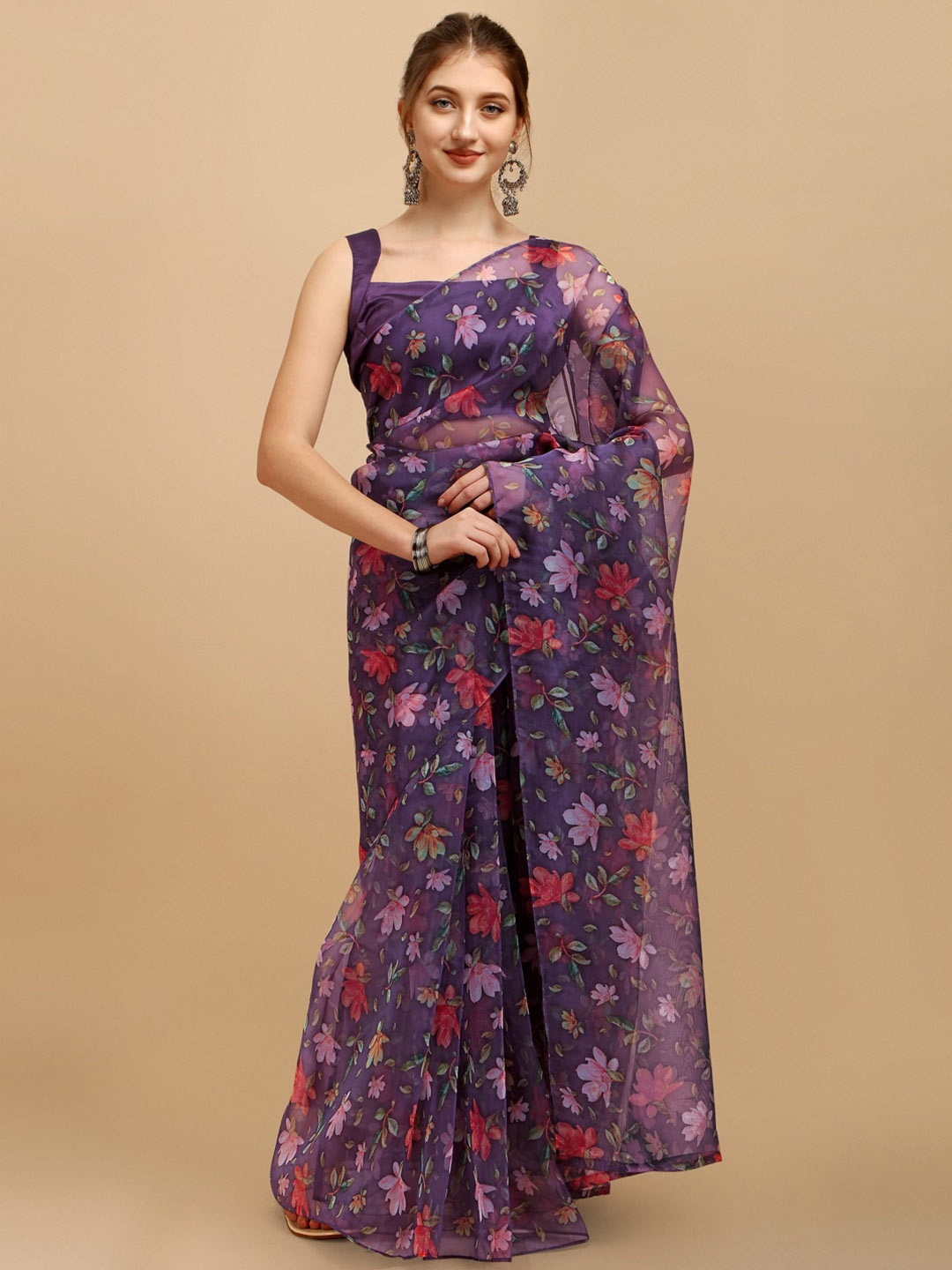 

Sangria Purple Floral Organza Saree