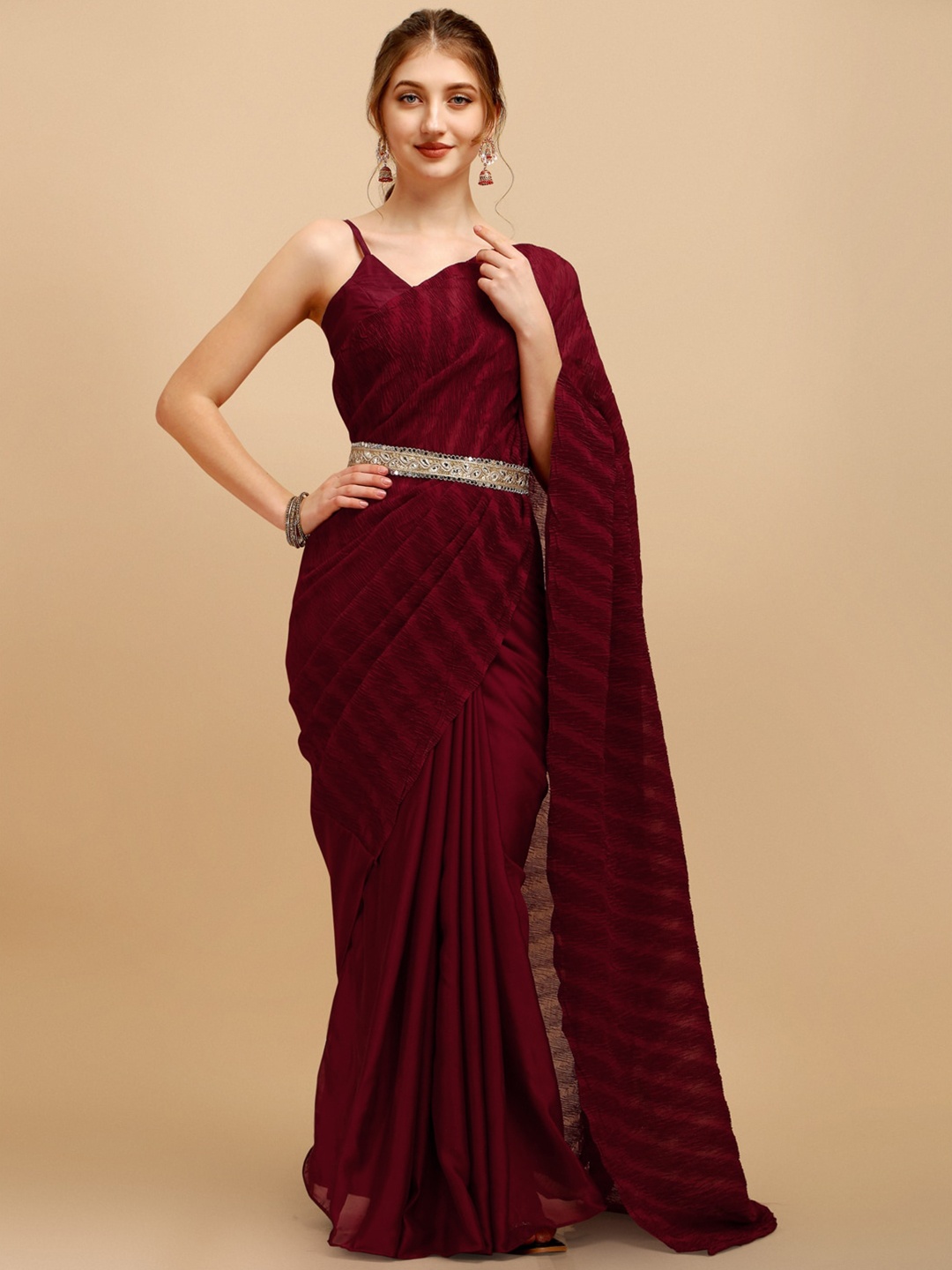 

Sangria Maroon Silk Blend Saree with Belt