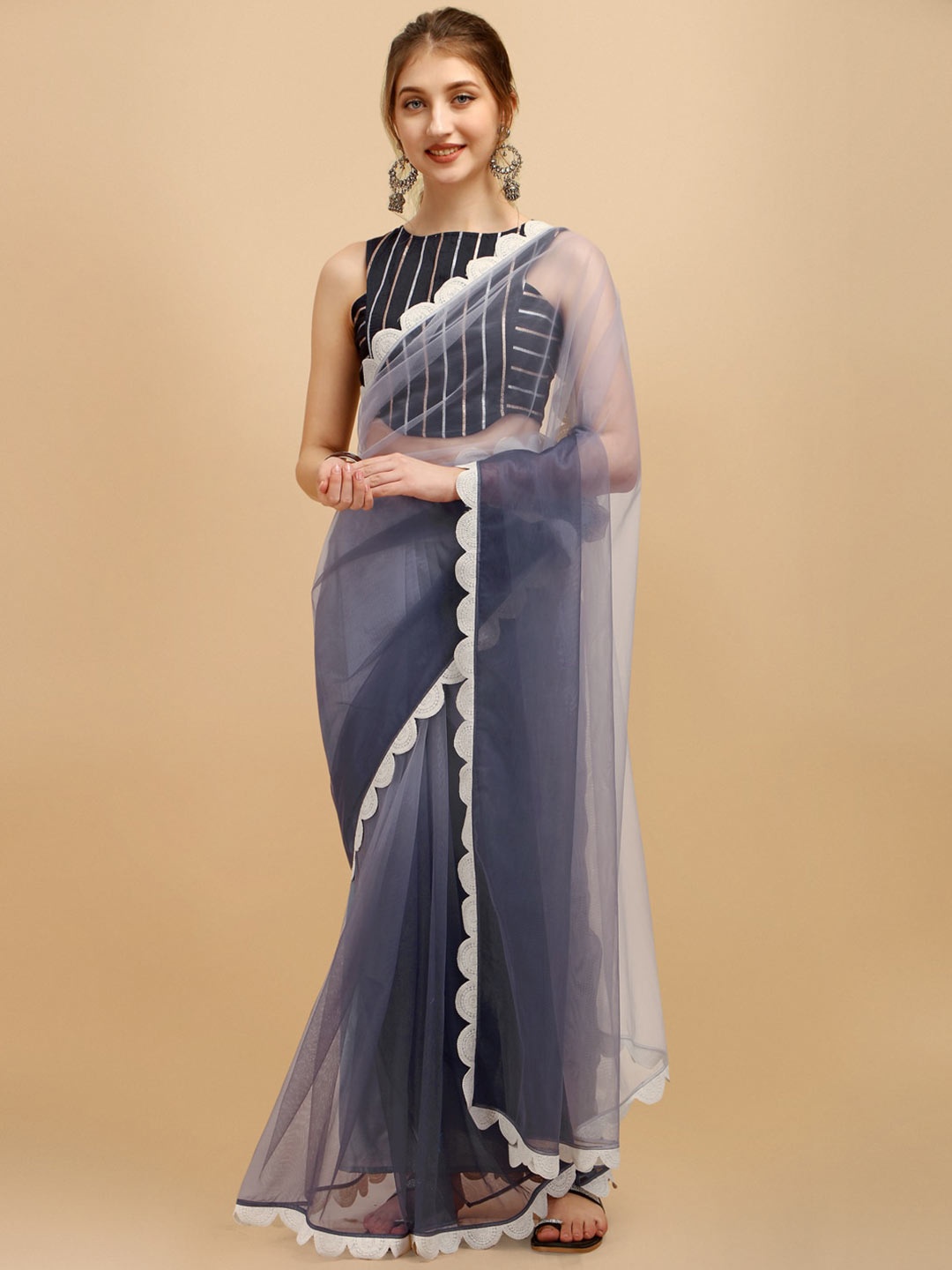 

Sangria Grey Net Saree with Embroidered Border & Blouse Piece