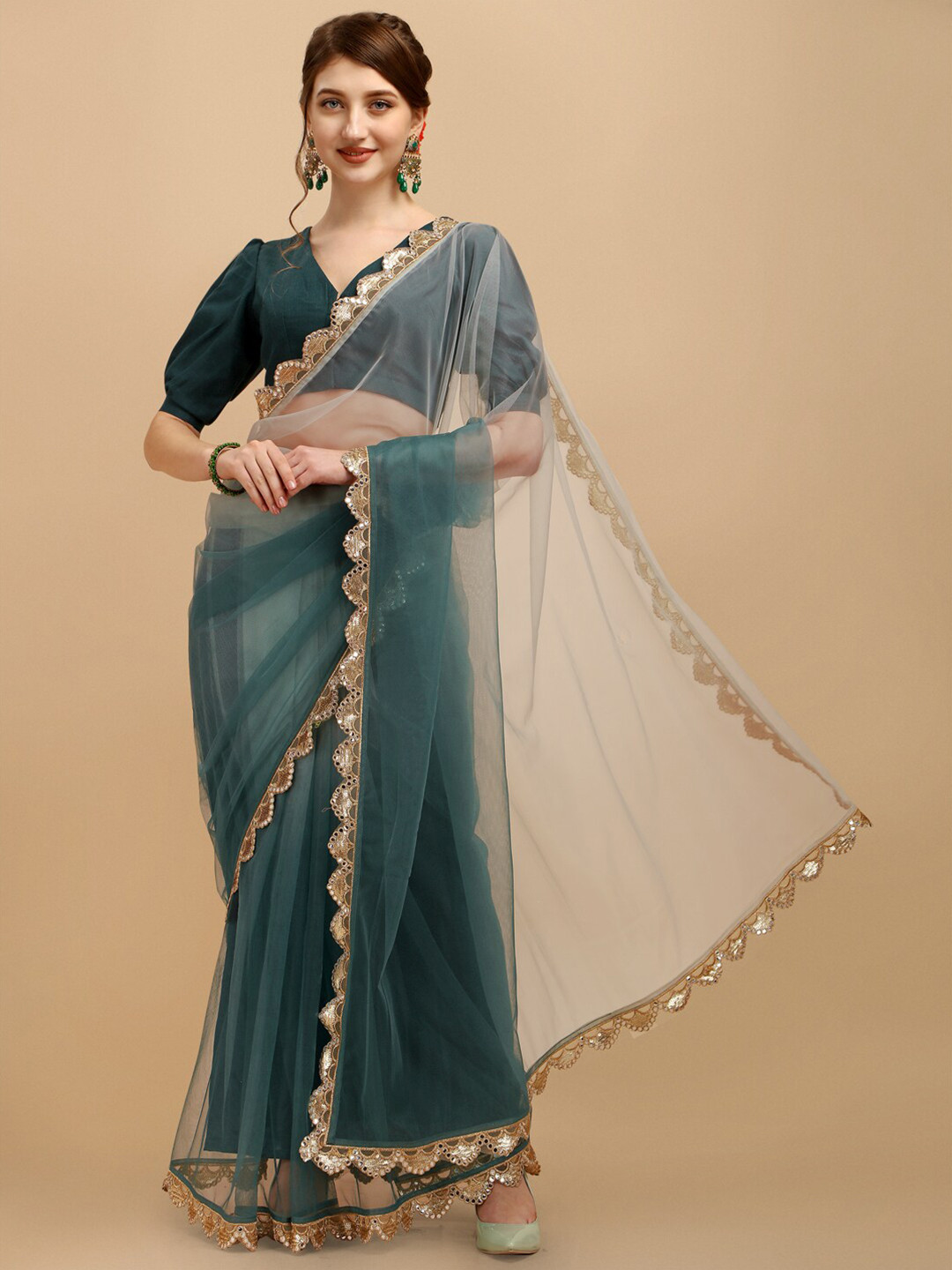 

Sangria Green Embellished Net Saree