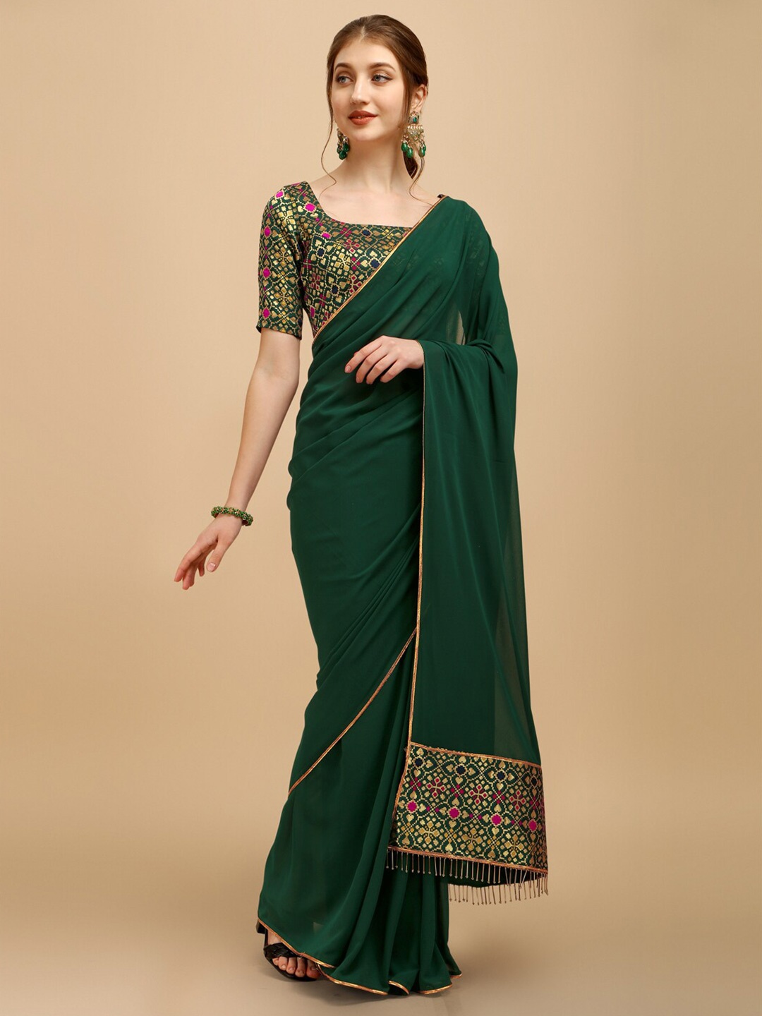 

Sangria Women Bottle Green Solid Saree with Woven Design Border & Blouse Piece