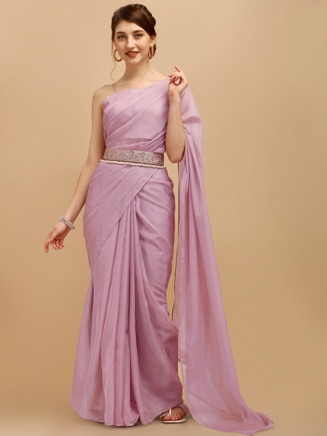 

Sangria Lavender Organza Saree with Blouse Piece & Embellished Belt