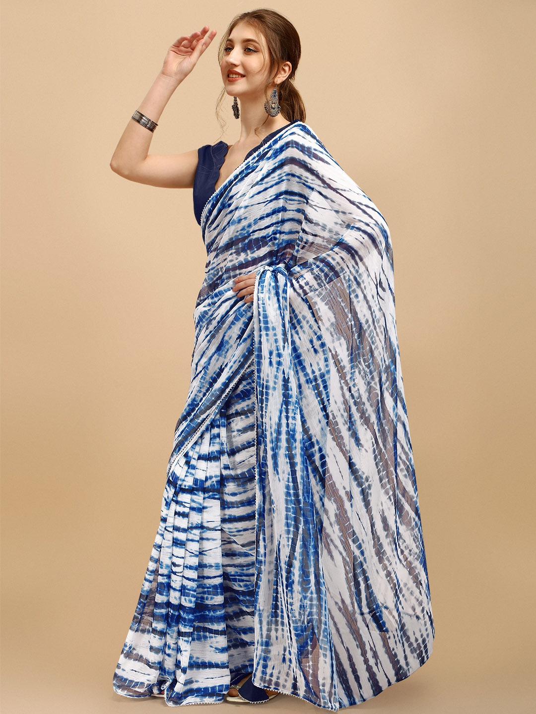 

Sangria Blue & White Tie and Dye Poly Chiffon Saree