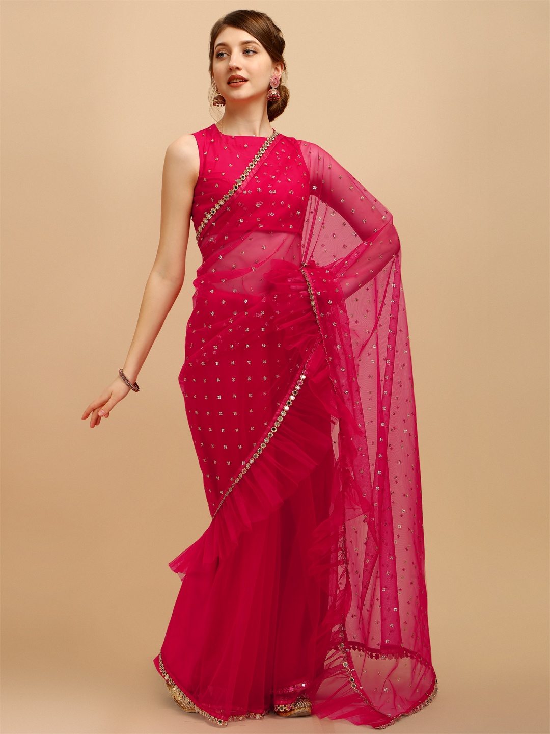 

Sangria Fuchsia Embellished Sequinned Net Saree With Blouse Piece