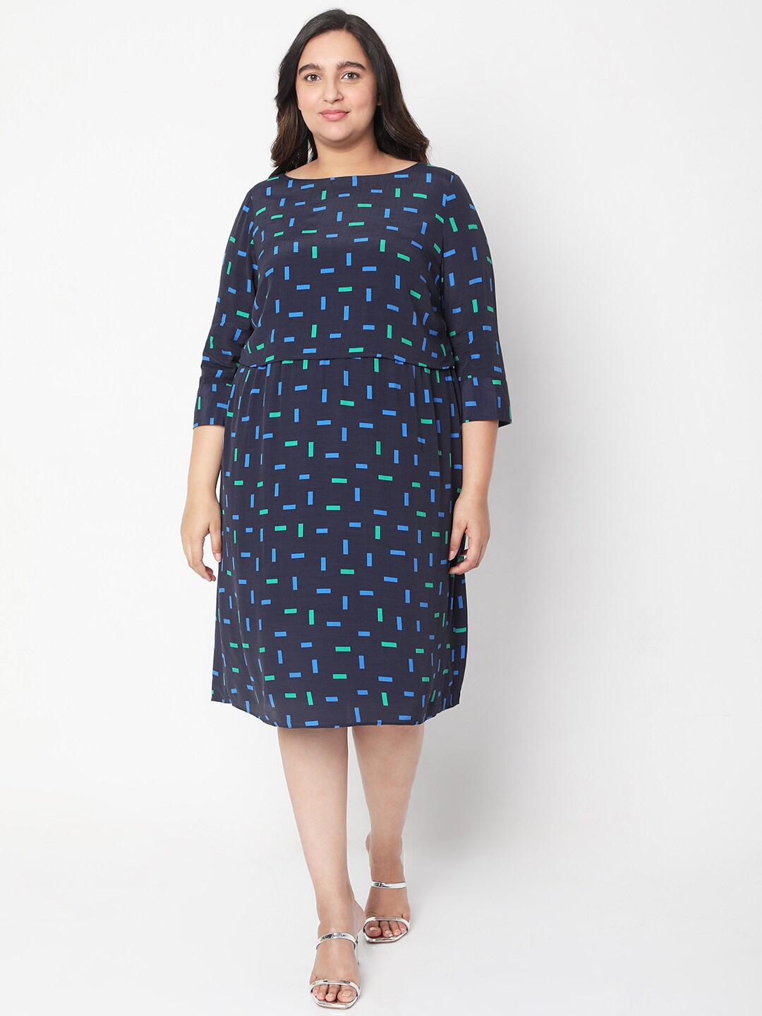 

VERO MODA CURVE Plus Size Women Blue Printed A-Line Midi Dress