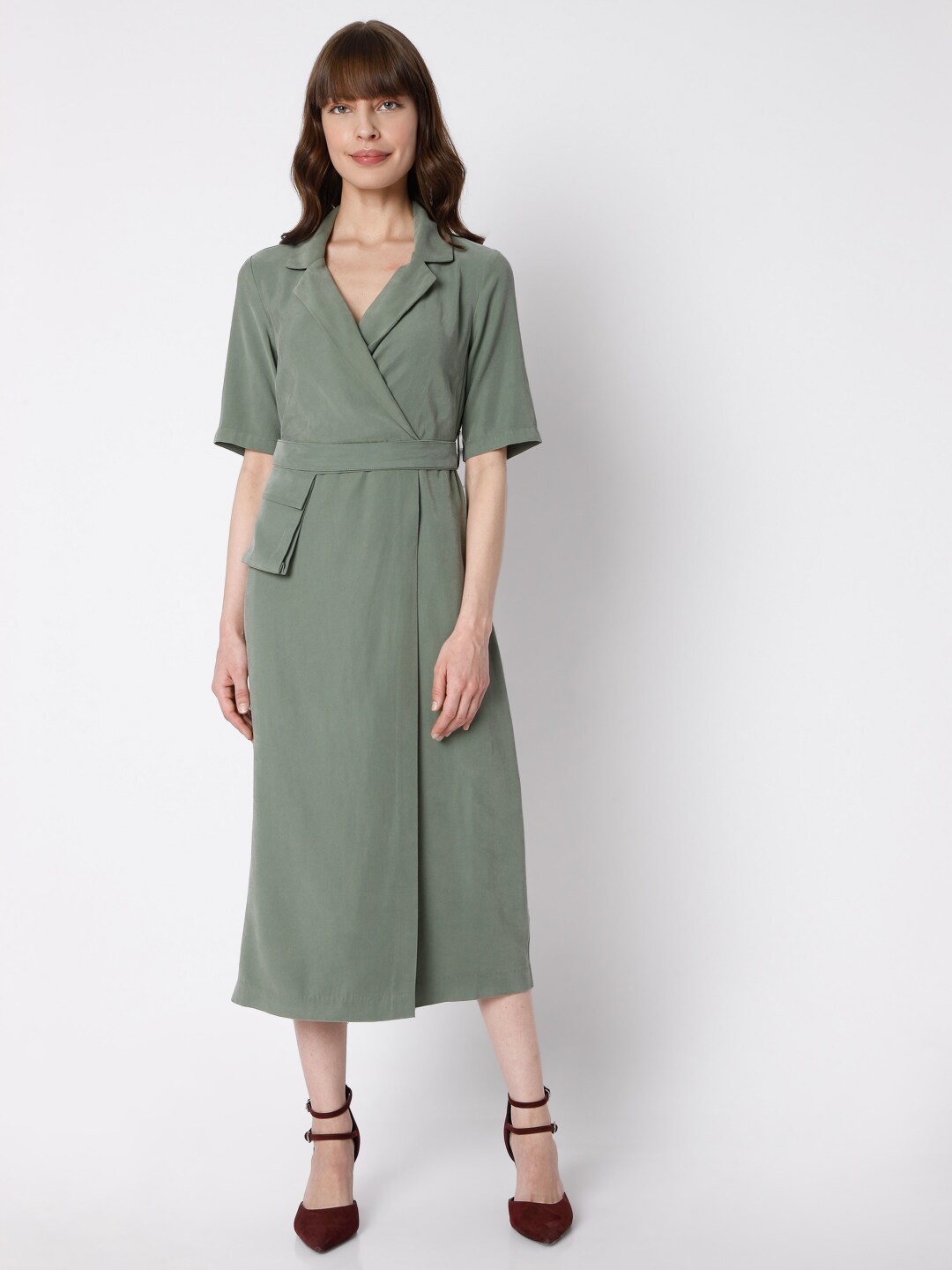 

Vero Moda Women Olive Green Solid Wrap Dress