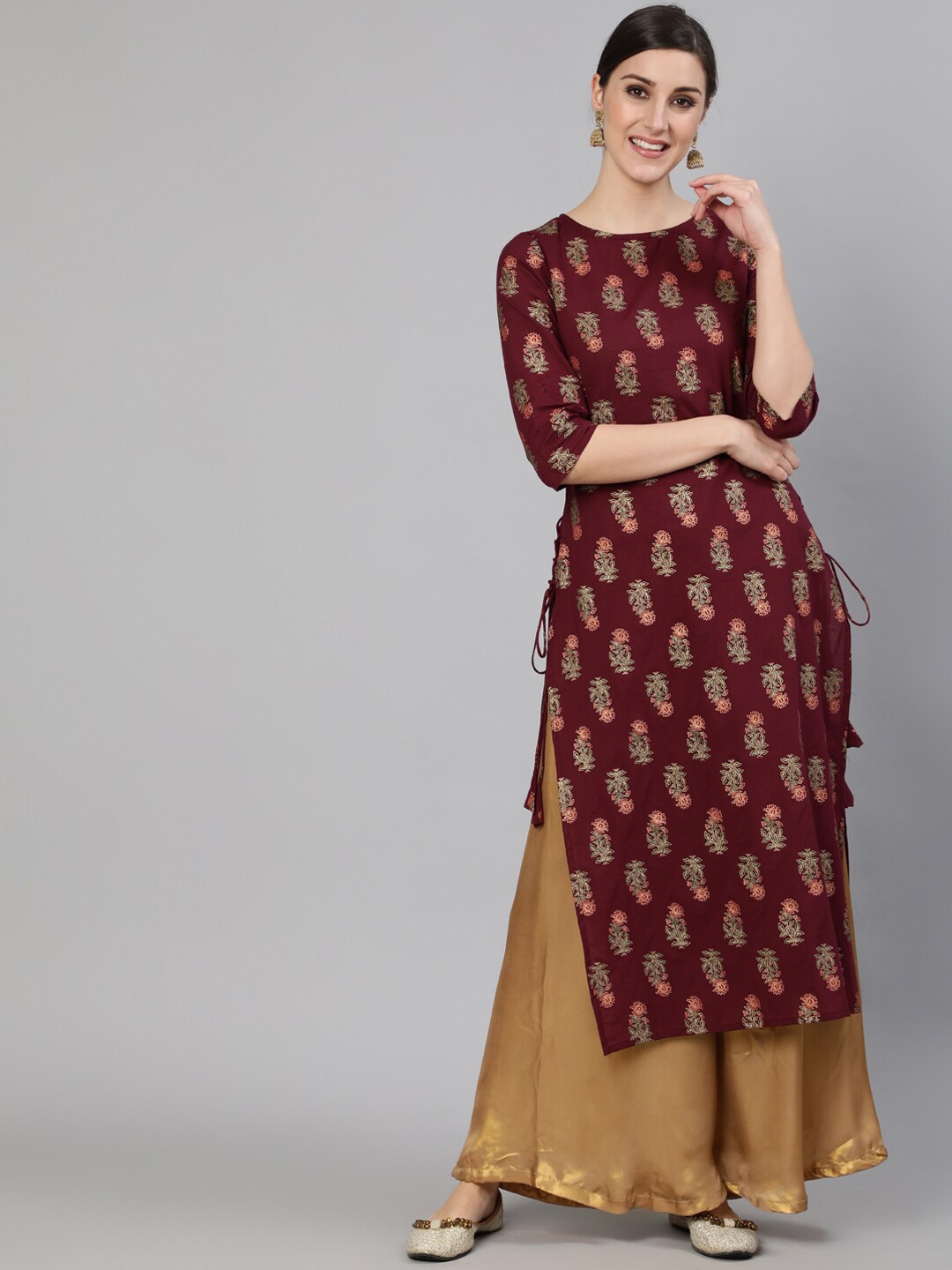 

Nayo Women Burgundy Ethic Motif Printed Straight Three Quarter Sleeves Kurta