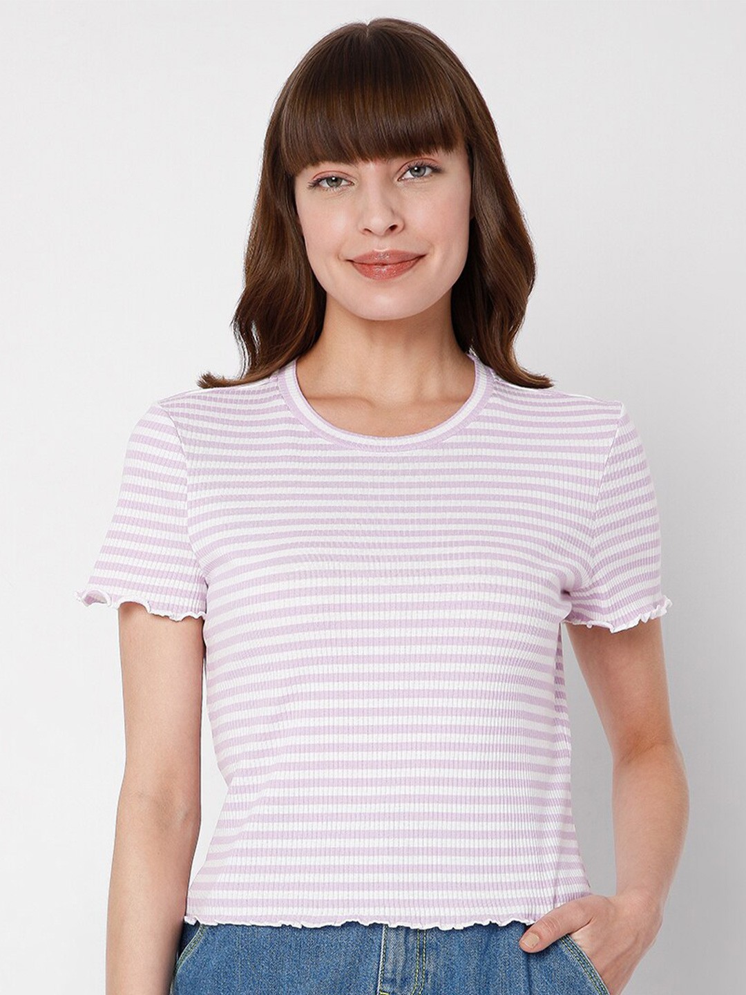 

Vero Moda Women Purple & White Striped Crop Top