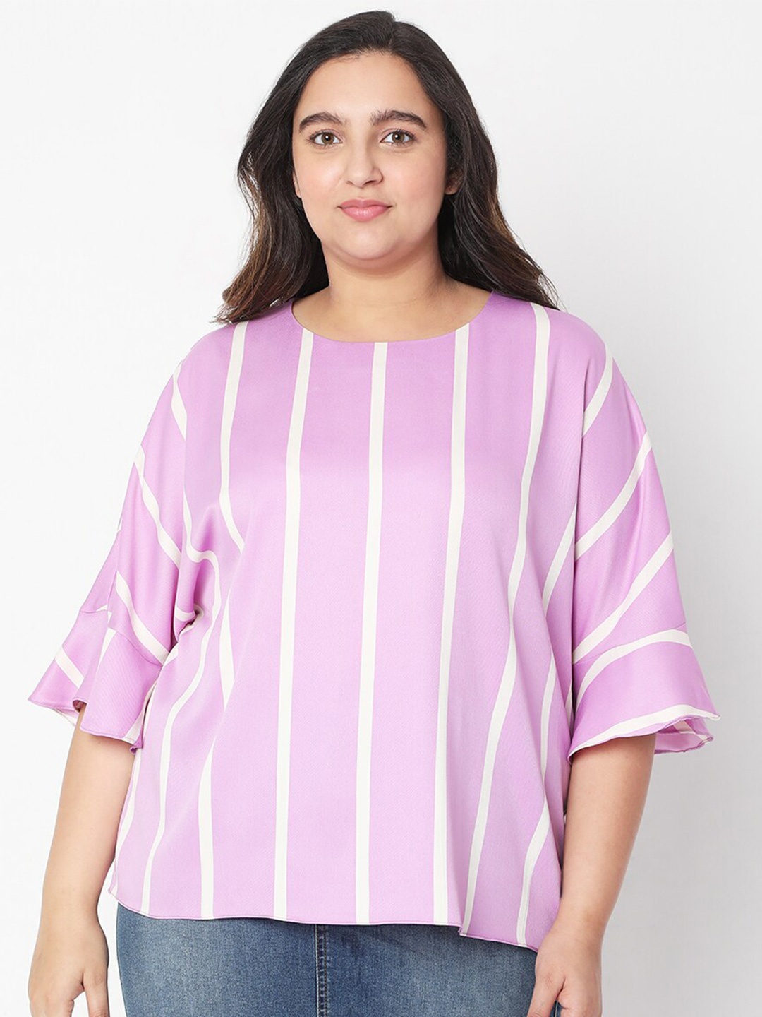 

VERO MODA CURVE Pink & White Vertical Striped Bell Sleeves Top