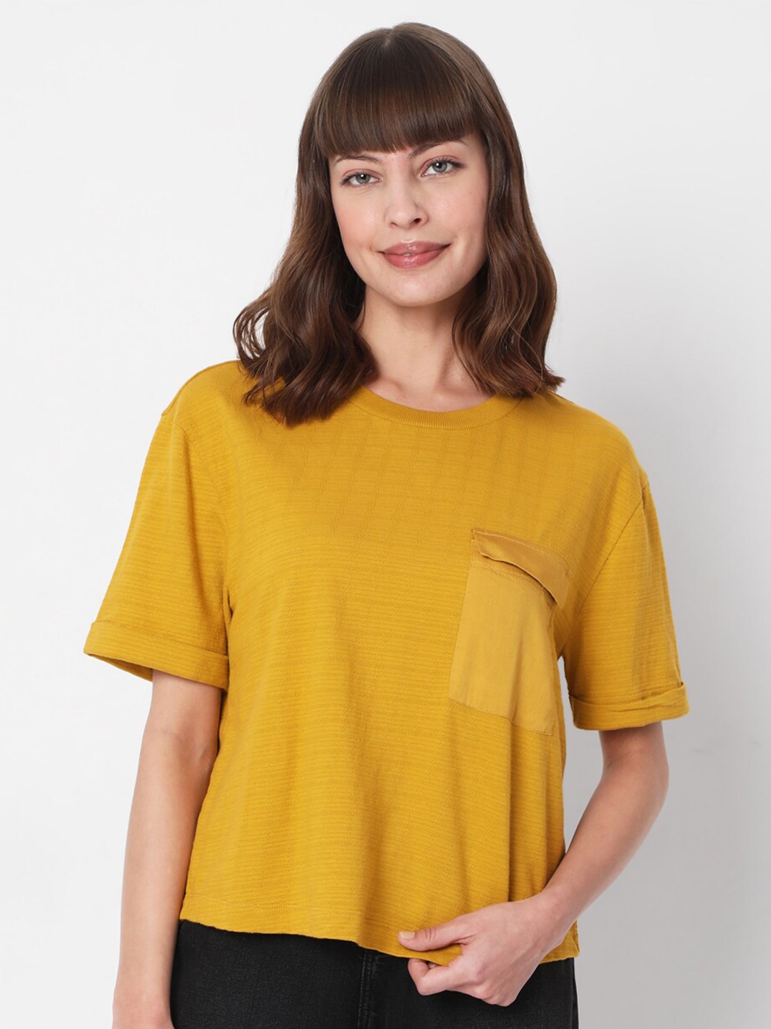 

Vero Moda Women Mustard Yellow Drop-Shoulder Sleeves Cotton T-shirt