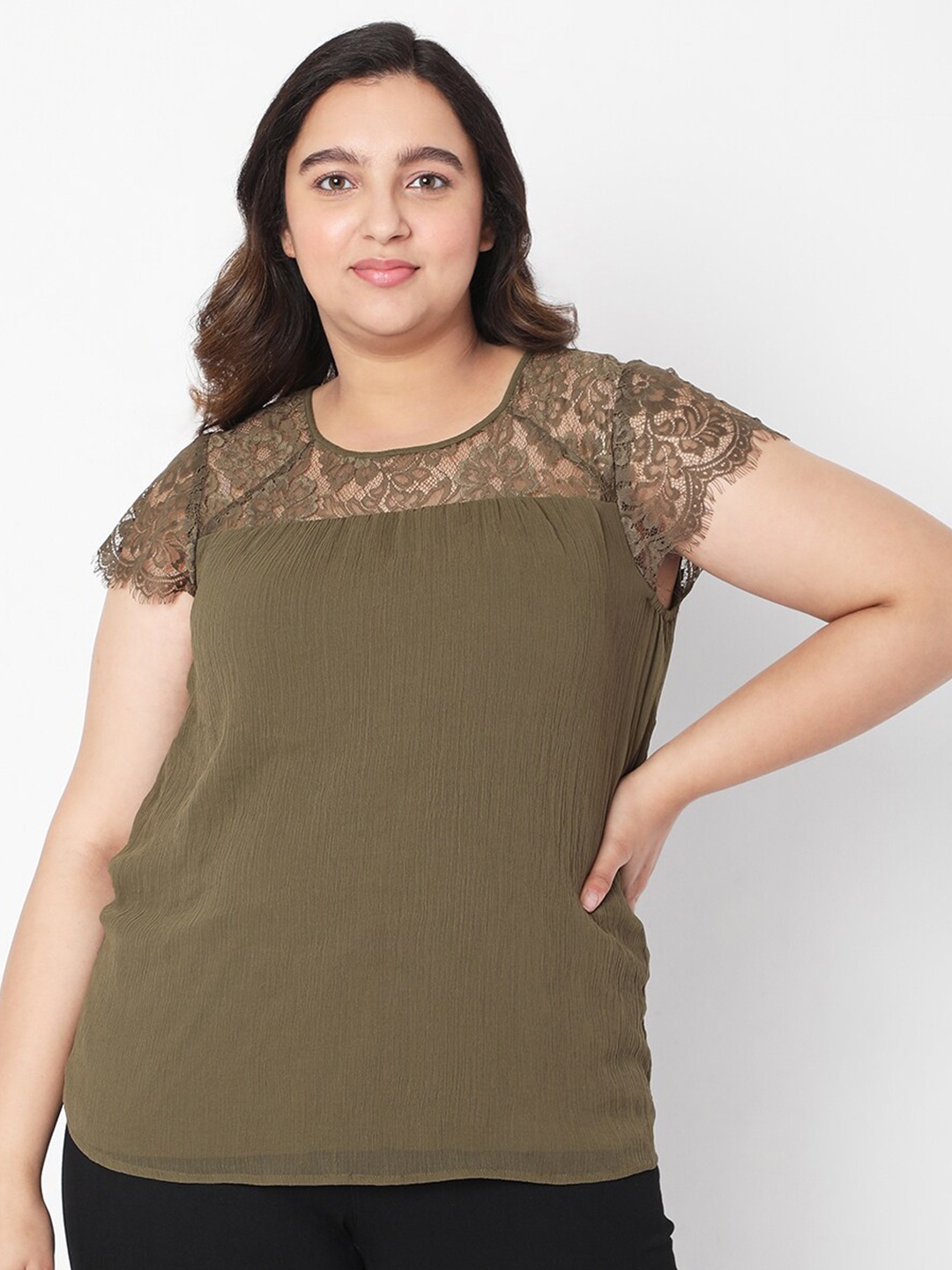 

VERO MODA CURVE Plus Size Green Lace Inserts Top