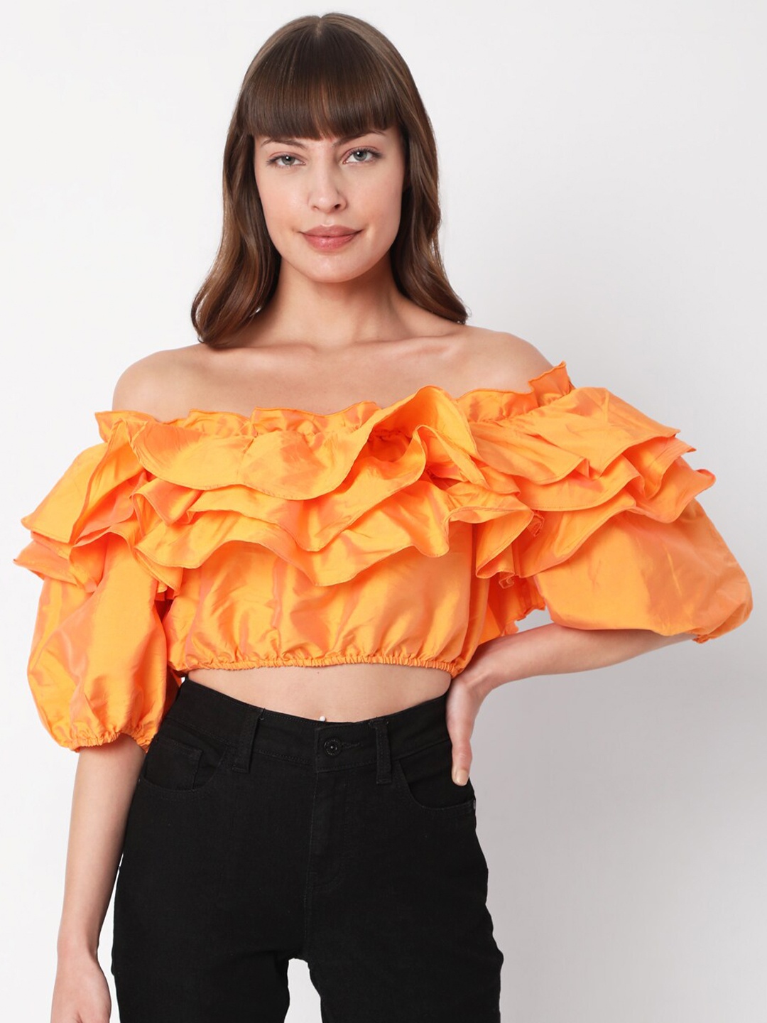 

Vero Moda Women Orange Solid Off-Shoulder Bardot Crop Top