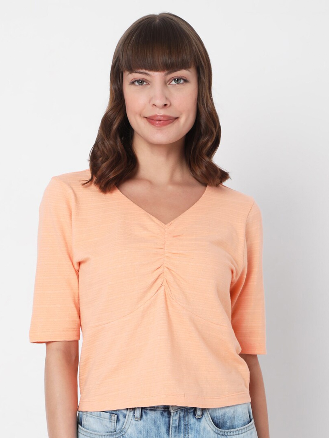 

Vero Moda Women Peach-Coloured V-Neck Raw Edge T-shirt