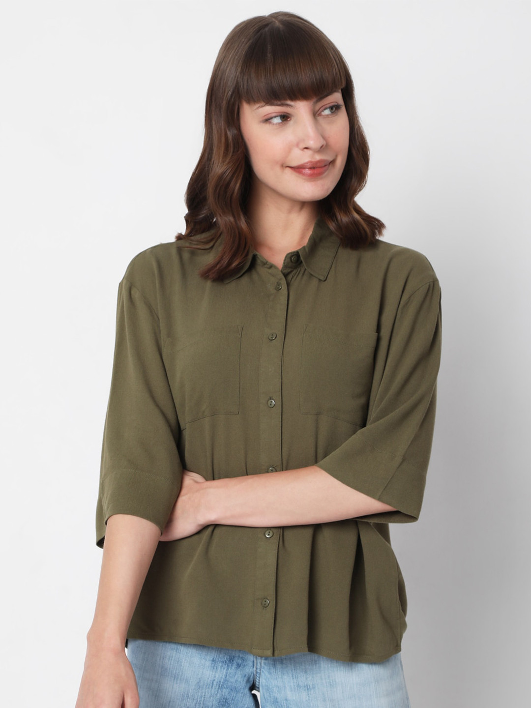 

Vero Moda Women Olive Green Solid Casual Shirt