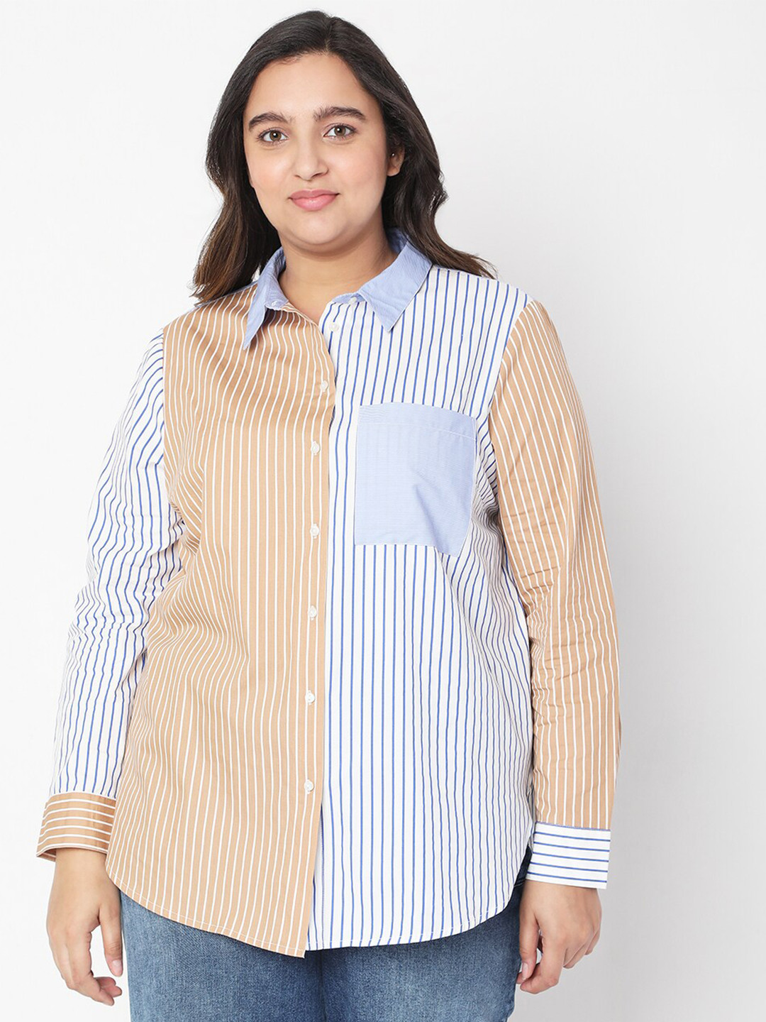 

Vero Moda Plus Size Women Blue & Brown Striped Casual Shirt