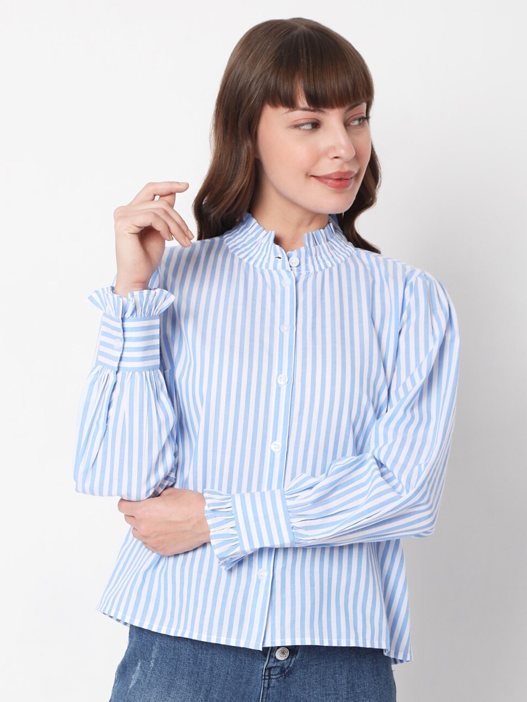 

Vero Moda Women Blue Striped Casual Shirt