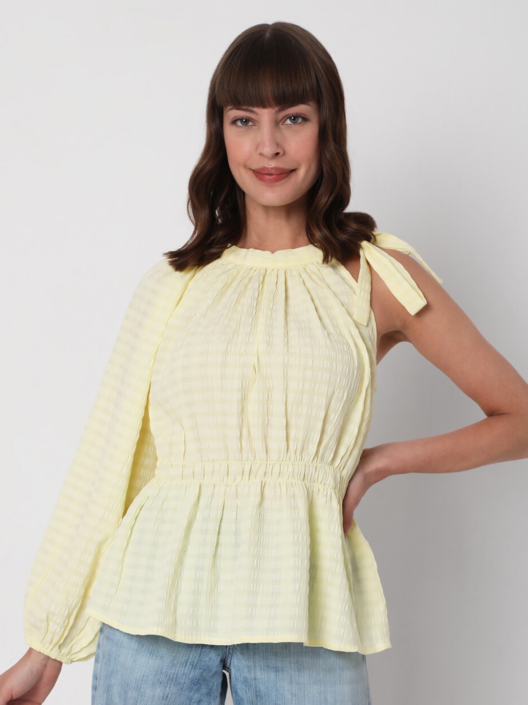 

Vero Moda Yellow Tie-Up Neck Bishop Sleeves Smocked Top