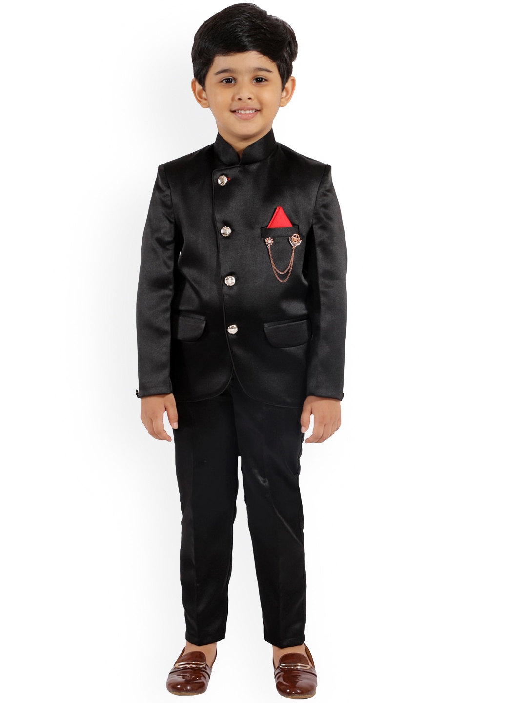 

FOURFOLDS Boys Black Solid Bandhgala Suit