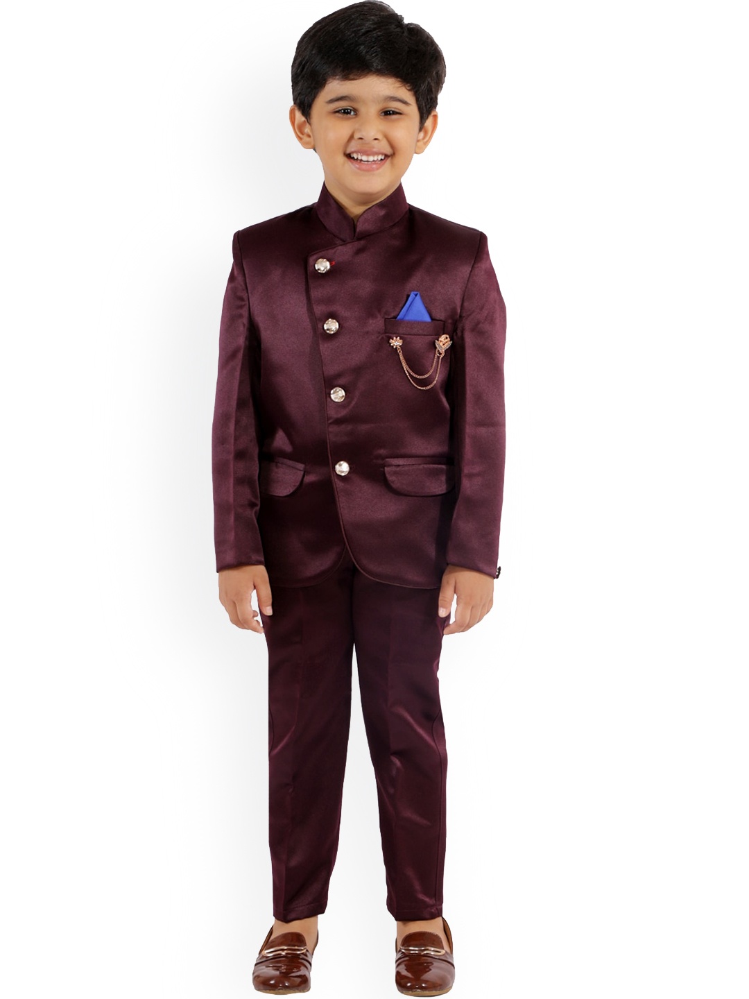 

FOURFOLDS Boys Maroon Solid Bandhgala Suits