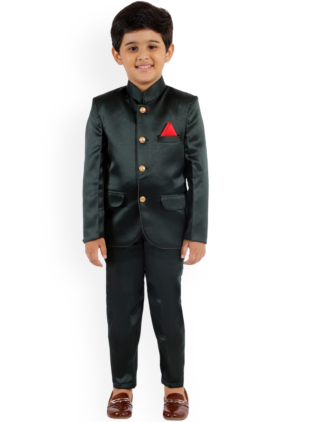 

FOURFOLDS Boys Green Solid Bandhgala Suits