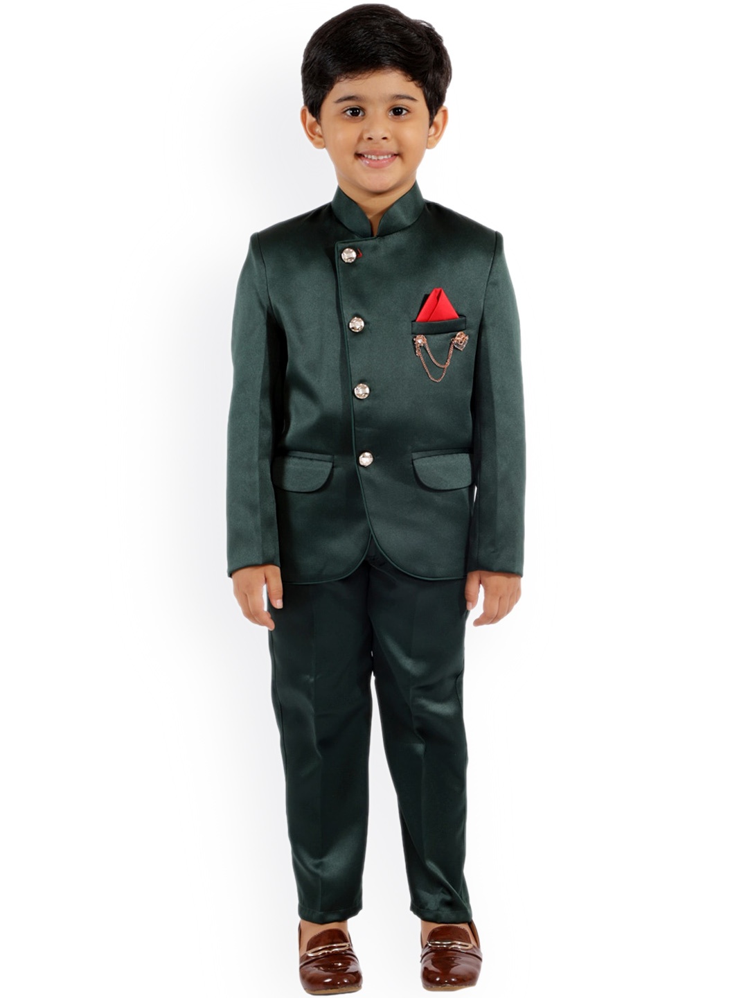

FOURFOLDS Boys Green Solid Single-Breasted Two-Piece Bandhgala Suit
