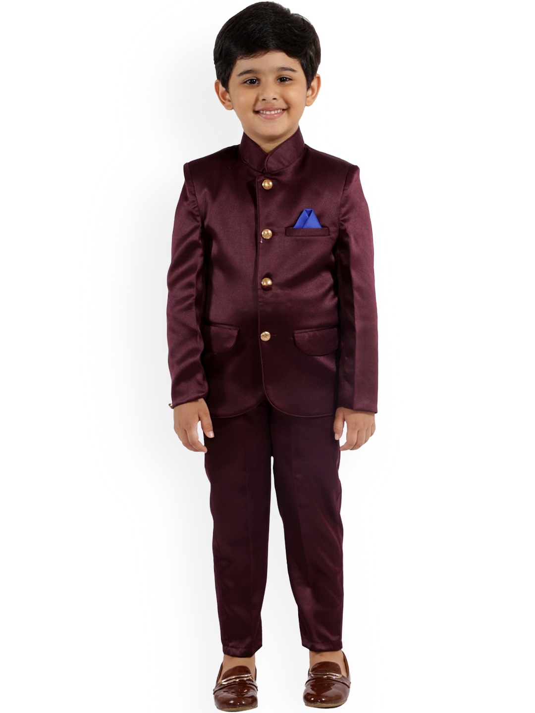 

FOURFOLDS Boy's Maroon Solid Bandhgala Suit & Trouser
