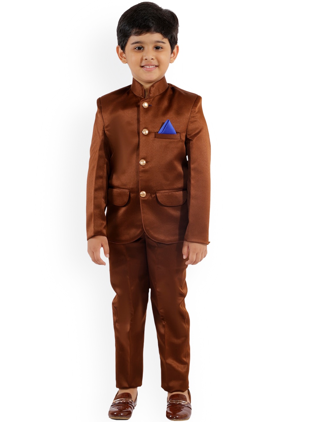 

FOURFOLDS Boys Brown Solid Bandhgala Suits