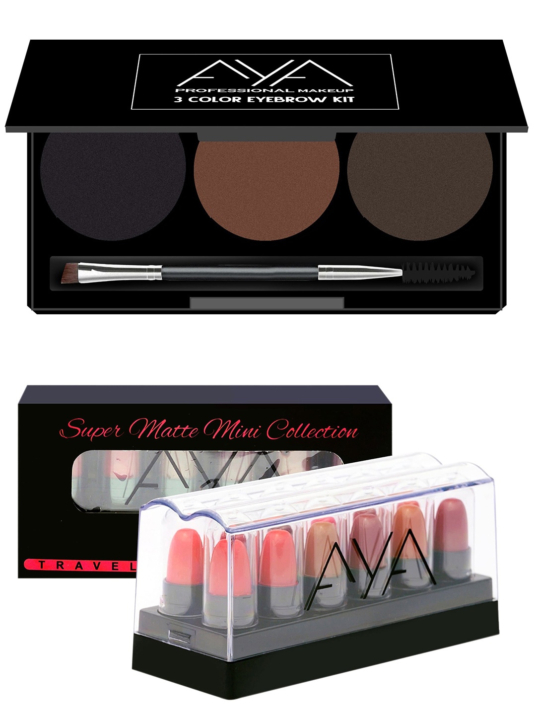 

AYA 3 Colour Eyebrow Kit & 12 Pcs Super Matte Mini Lipstick Combo, Multi