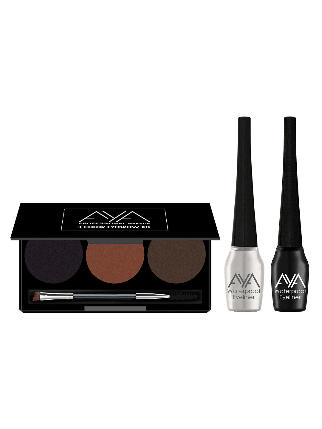 

AYA Set of Eyebrow Cake 3 Colour Kit & 2 Waterproof Liquid Eyeliner - Black & Silver