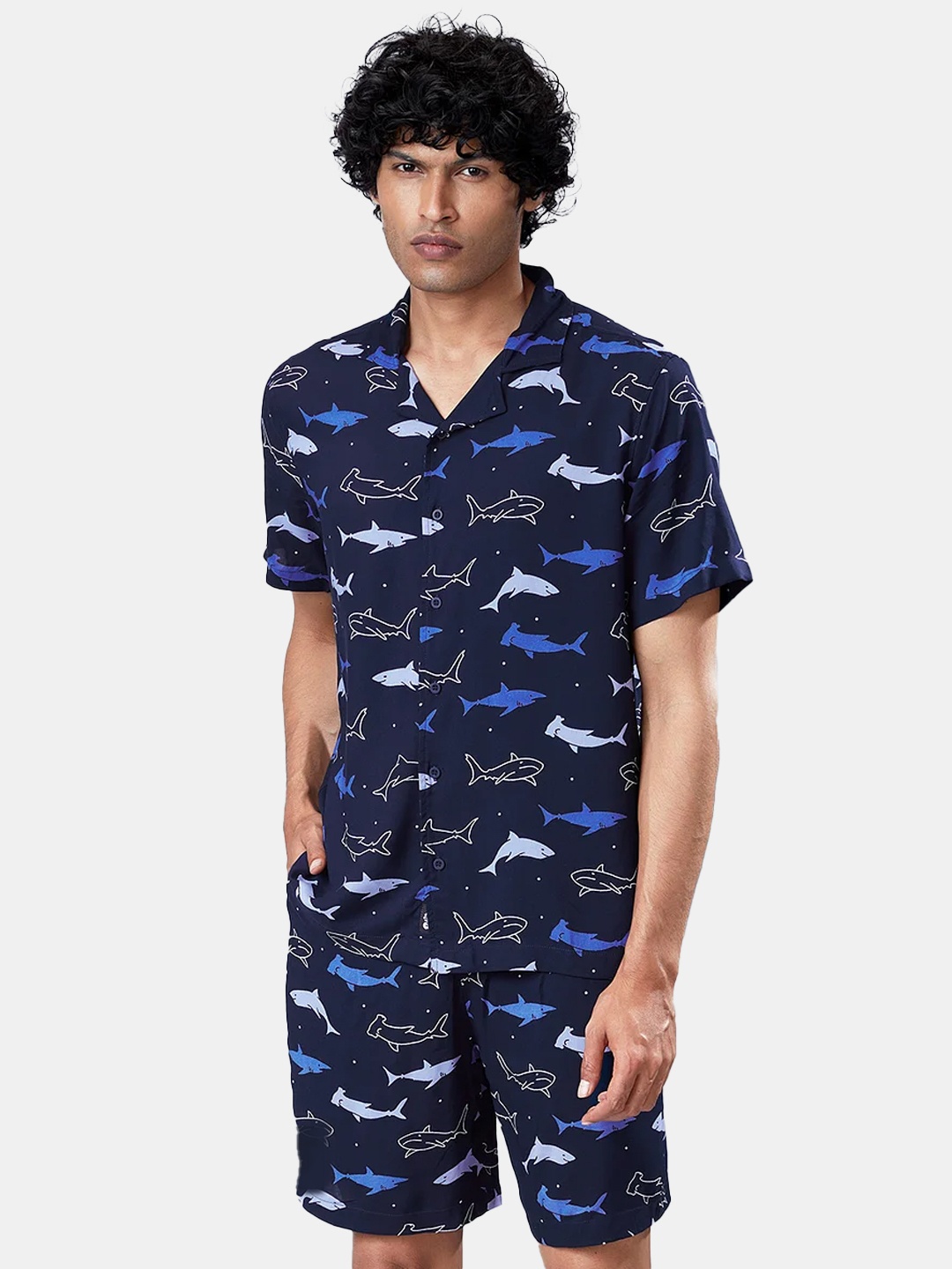 

The Souled Store Men Navy Blue Nautical Printed Shirt & Shorts Set