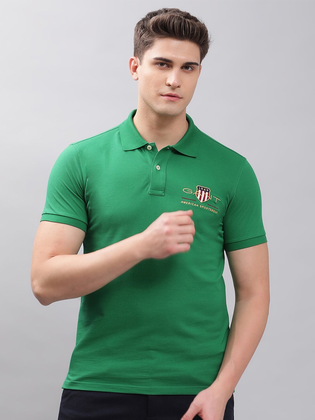 

GANT Men Green Polo Collar Regular Fit Pure Cotton T-shirt