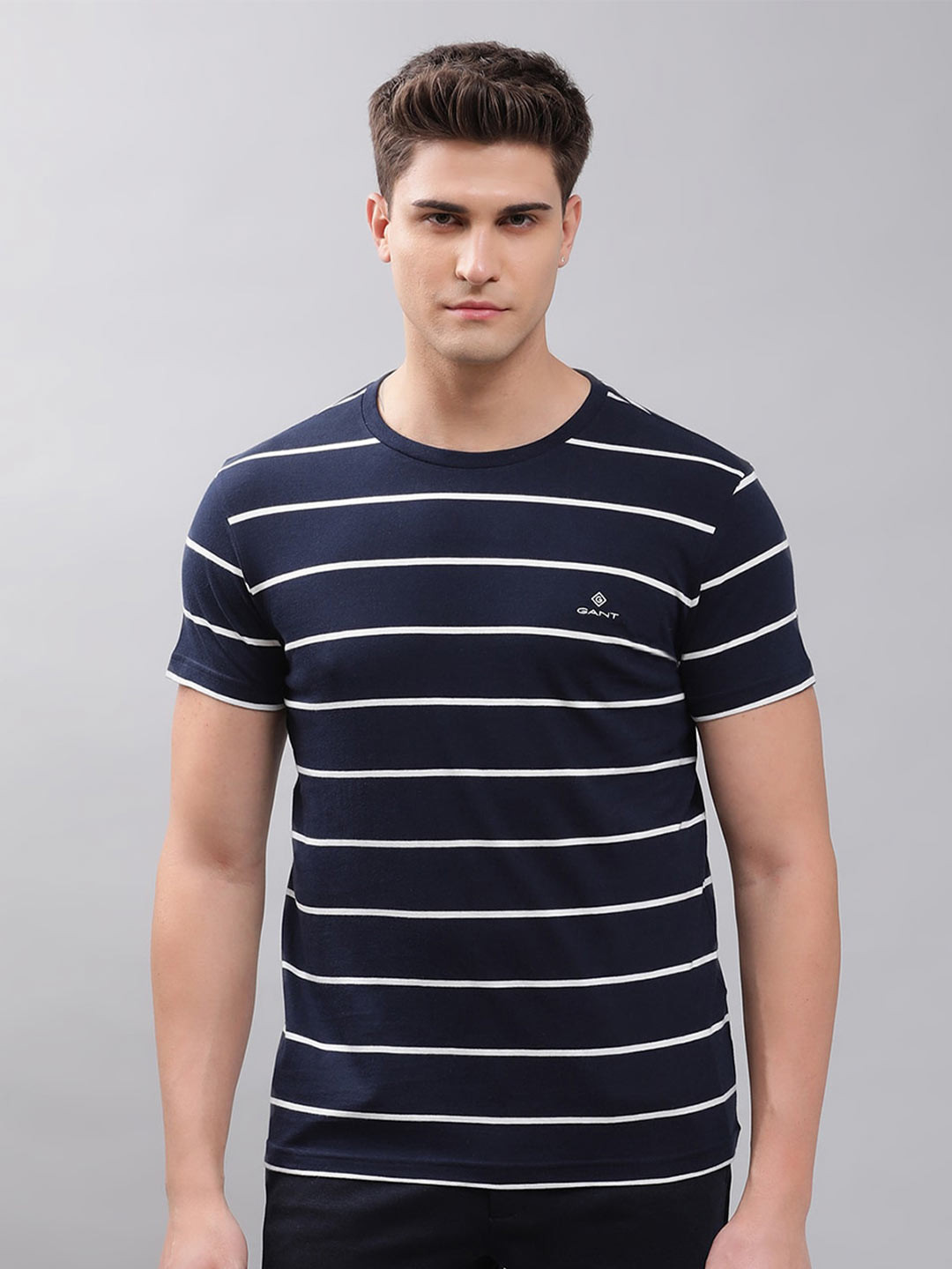 

GANT Men Navy Blue Striped Pure Cotton T-shirt