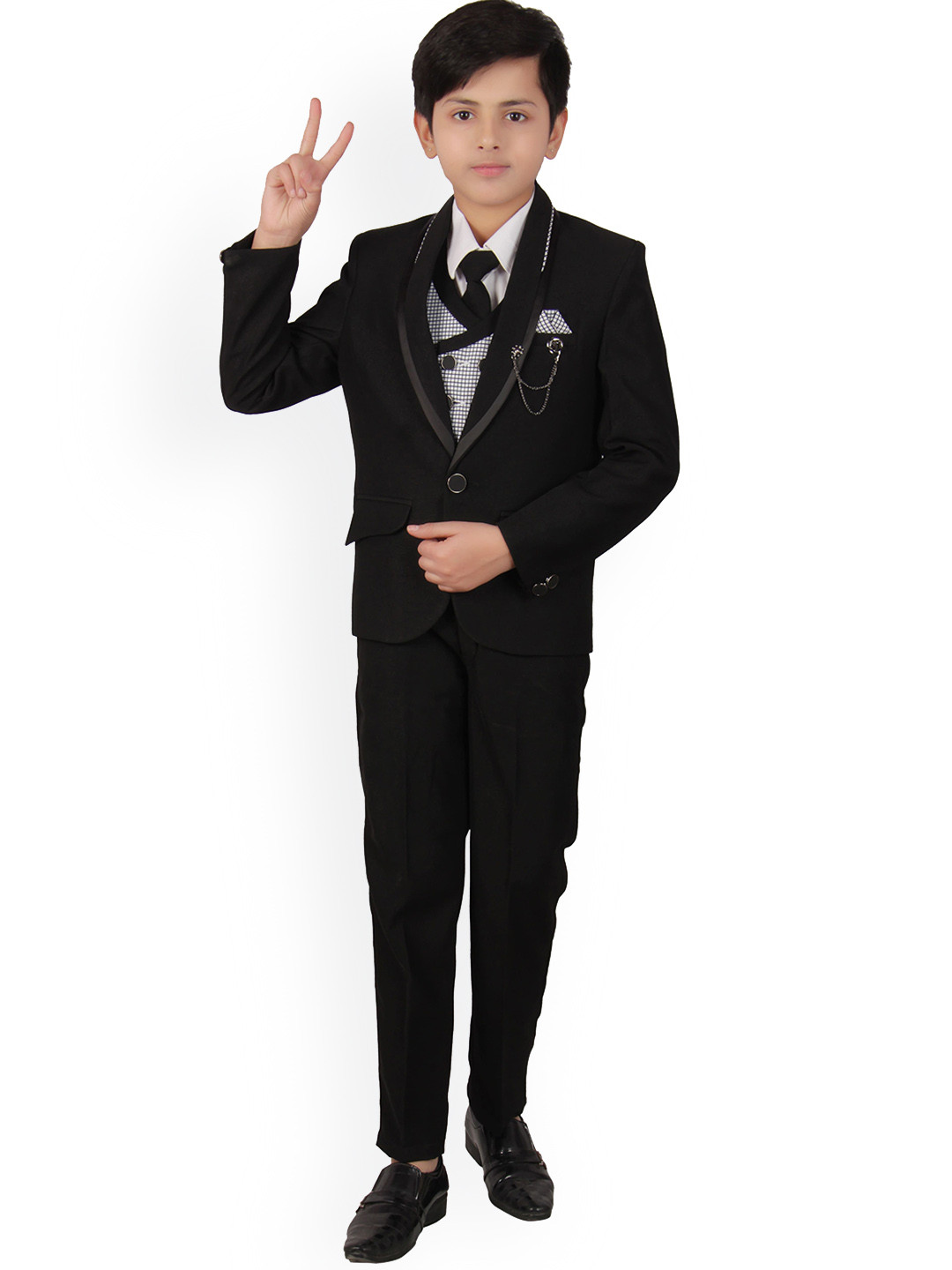 

FOURFOLDS Boys Black Solid 5-Piece Single-Breasted Suit