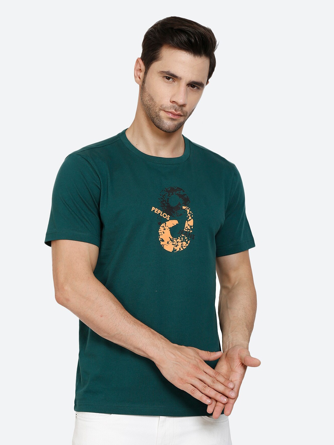 

PEPLOS Men Green Graphic Printed Cotton Outdoor T-shirt
