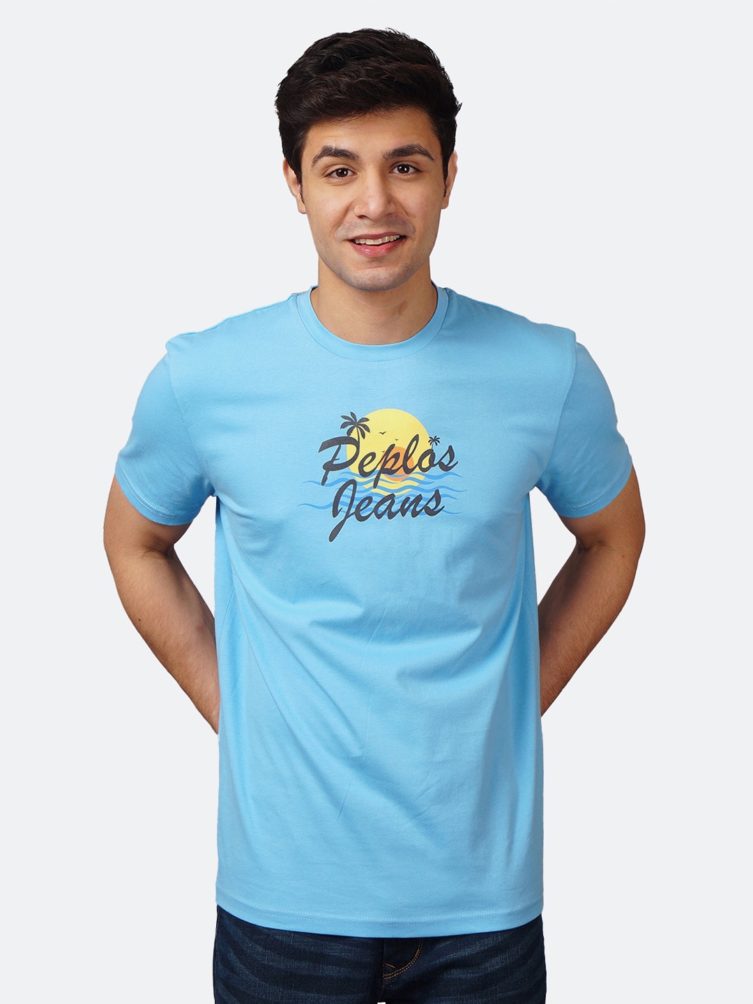 

PEPLOS Men Blue Typography Printed Outdoor T-shirt