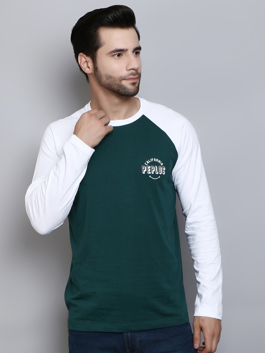 

PEPLOS Men Green & White Colourblocked T-shirt