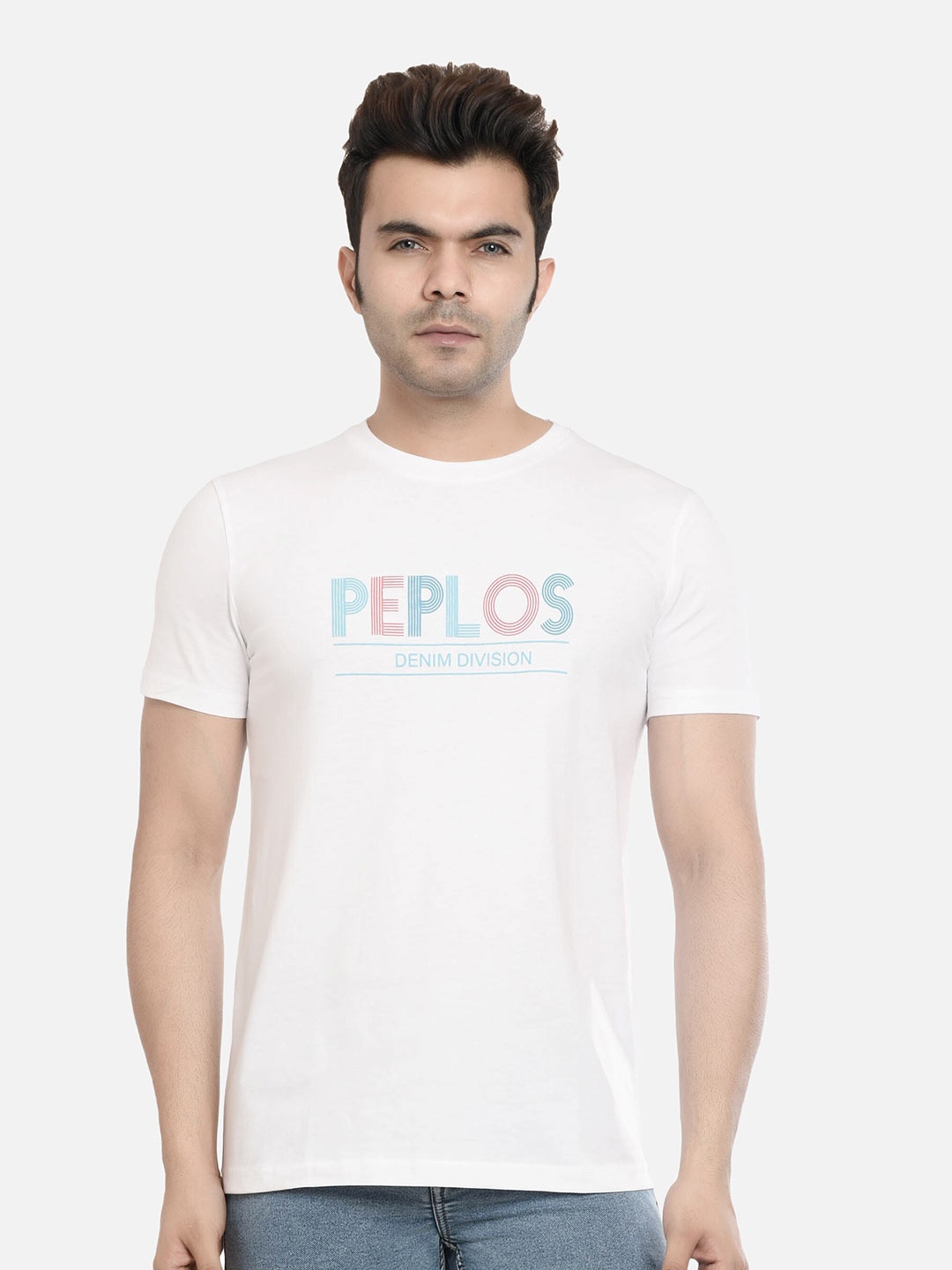 

PEPLOS Men White Typography Printed Applique Outdoor T-shirt