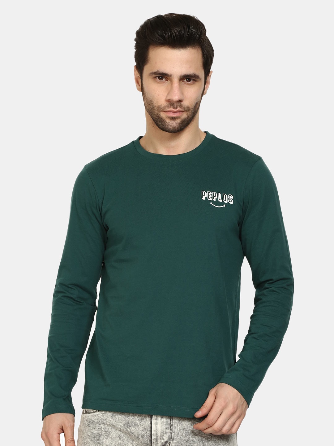 

PEPLOS Men Green Solid Cotton Outdoor T-shirt